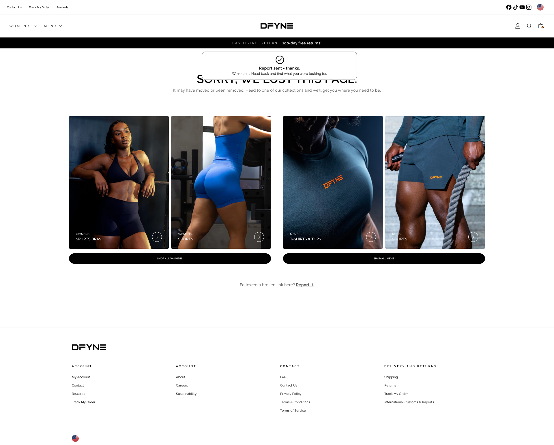 DFYNE 404 page — report-sent confirmation toast overlaid on the same page, desktop