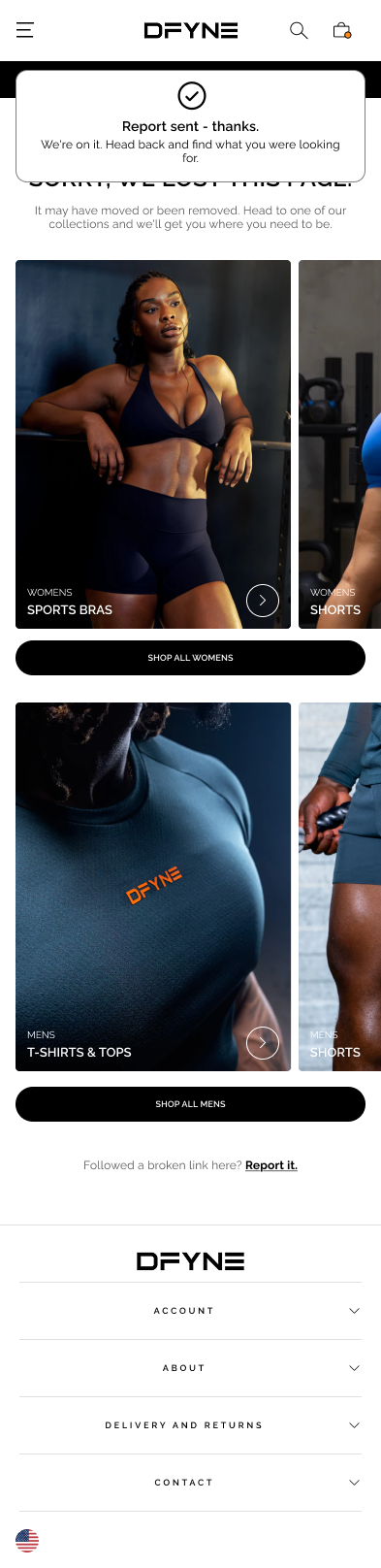 DFYNE 404 page — report-sent confirmation toast overlaid on the same page, mobile