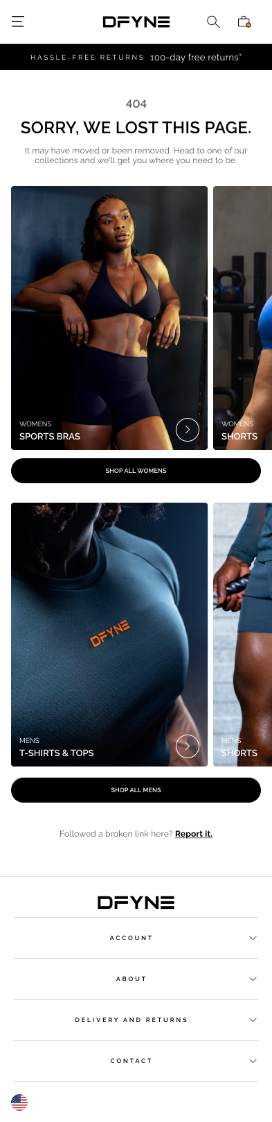 DFYNE 404 page — mobile, category carousel