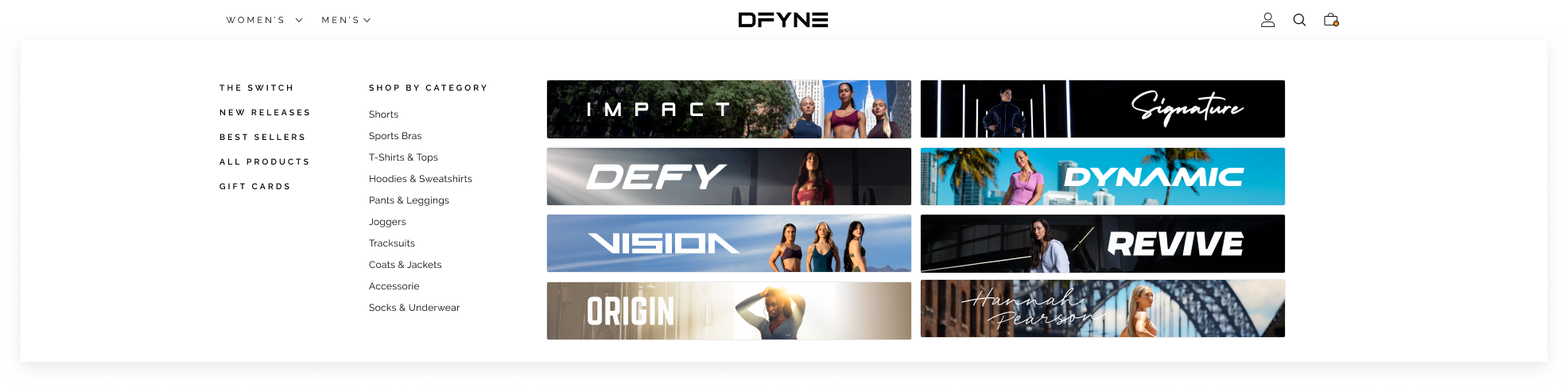 Desktop mega-menu concept: categories list on the left, full-bleed collection banners on the right