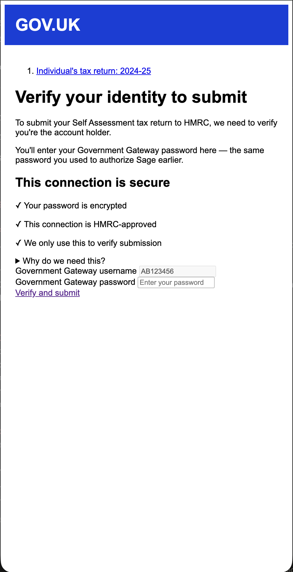 Screen 1: Verify your identity to submit — GDS notification banner, expandable OAuth explanation, and password form