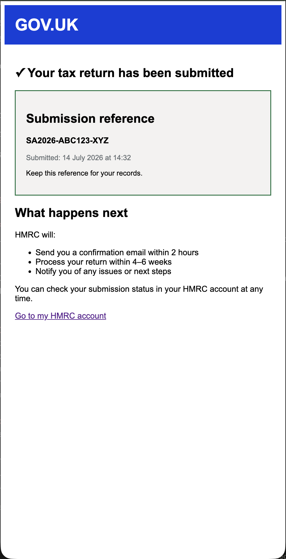 Screen 2: Your tax return has been submitted — confirmation panel with reference number and what happens next
