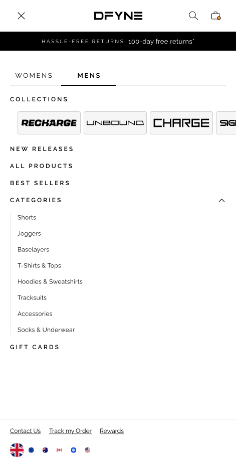 New Men's mobile menu with collection pills, categories expanded