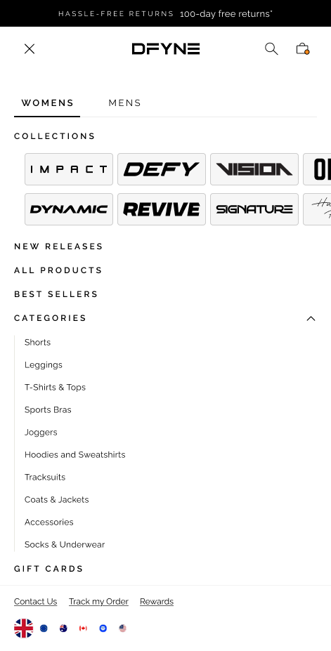 New Women's mobile menu with collection pills, categories expanded